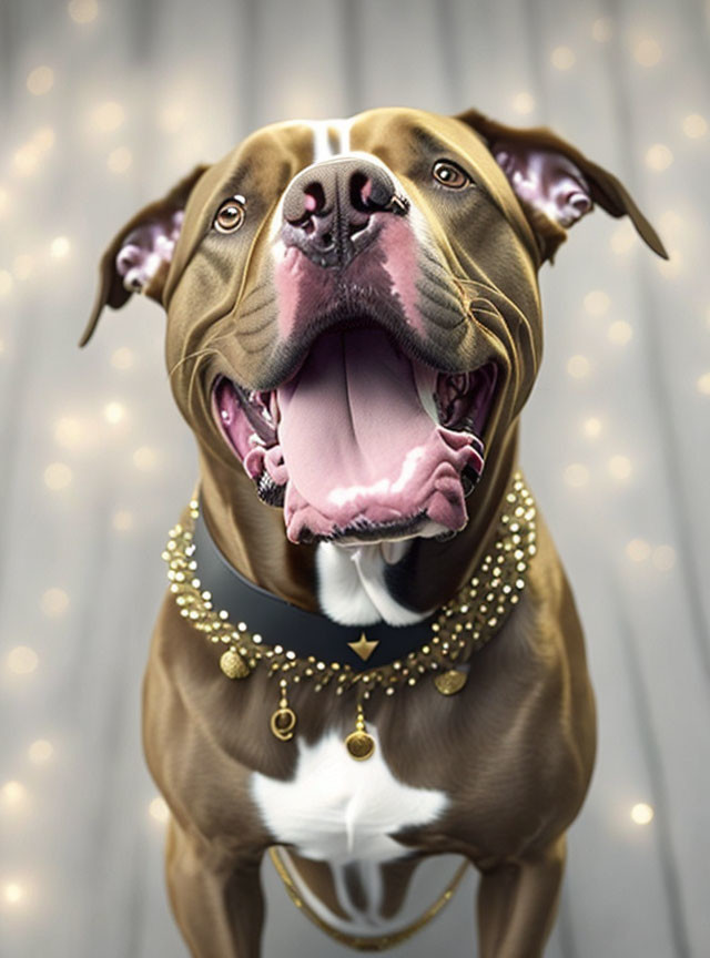 Brown Dog with Studded Collar and Gold Pendant on Grey Spotted Background