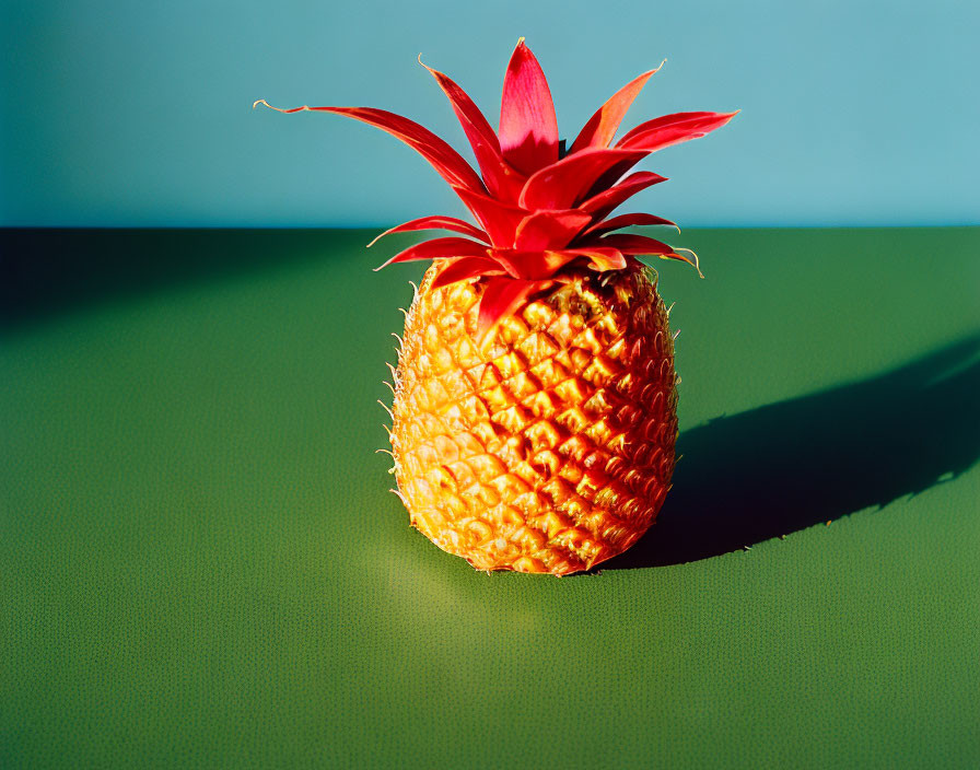 Ripe pineapple with red and pink leaves on green surface and blue background