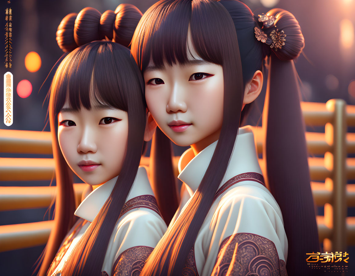 Two Girls in Traditional Hairstyles and School Uniforms Standing Together at Dusk