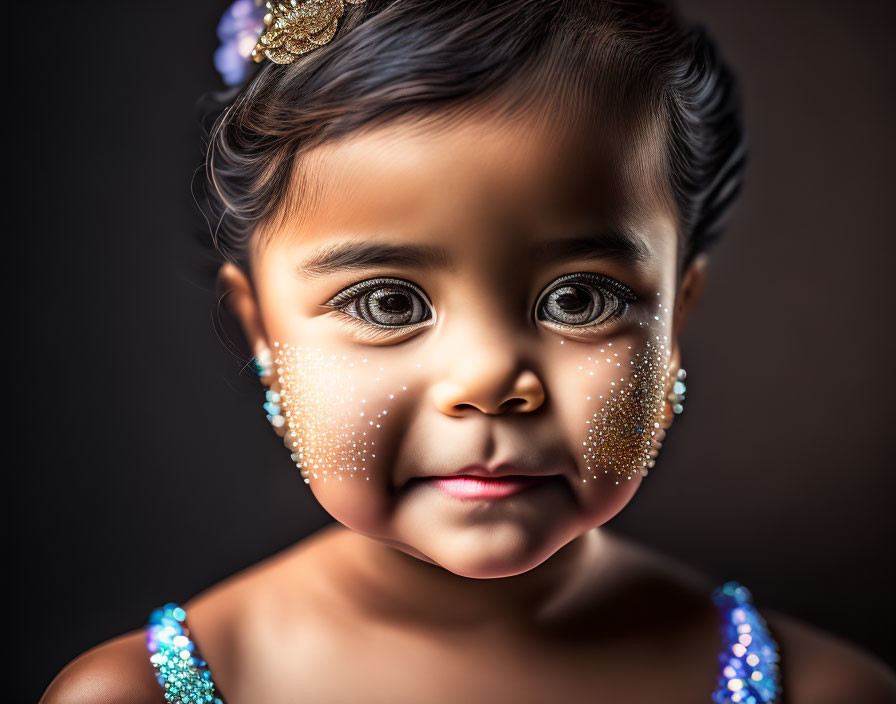 Young girl with sparkling face paint and decorations, wide-eyed on dark background