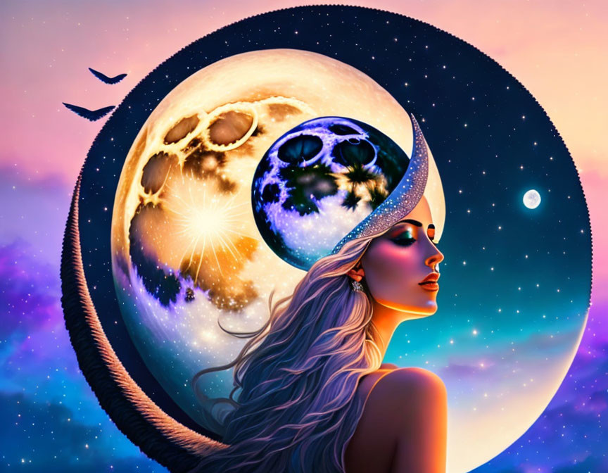 Side-profile digital artwork of woman with long hair and space-themed elements, featuring a large moon with cr