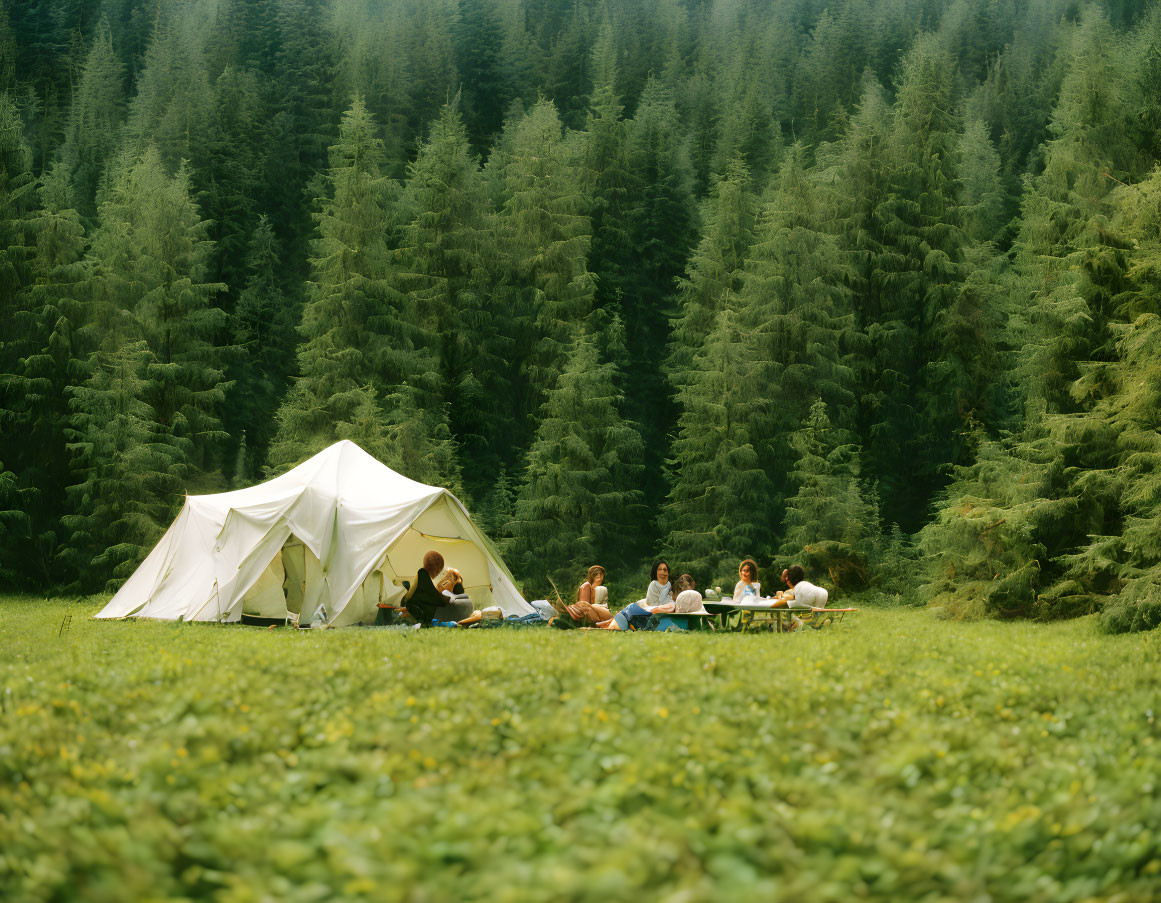 Group of people relaxing by canvas tent in lush green meadow surrounded by coniferous forest