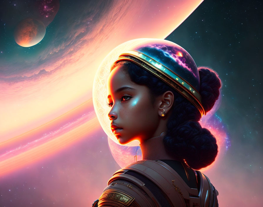 Woman with cosmic headpiece in fantastical space backdrop