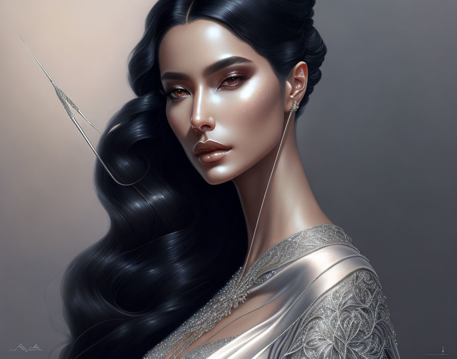 Dark-Haired Woman in Metallic Gown Portrayed in Digital Portrait