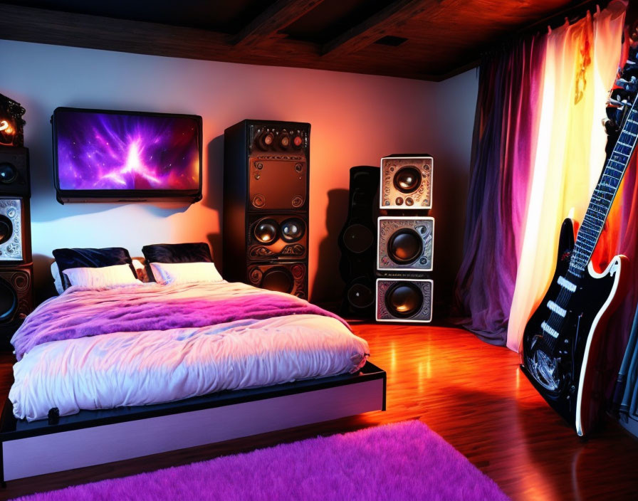 Modern Bedroom with Large Bed, Purple Bedding, High-End Speakers, Neon Lighting, and Guitar