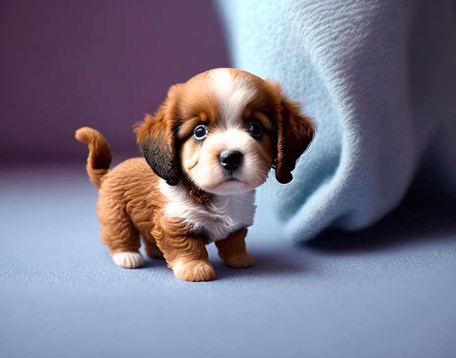 Brown and White Puppy with Floppy Ears on Purple Surface next to Blue Cloth