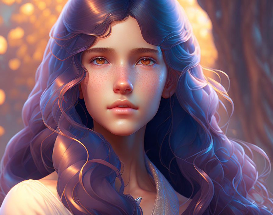 Portrait of young girl with blue hair, freckles, and amber eyes in autumn setting