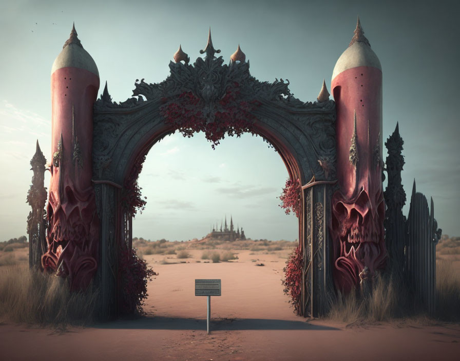 Gothic archway with red flora, warning sign, and distant castle in desolate landscape