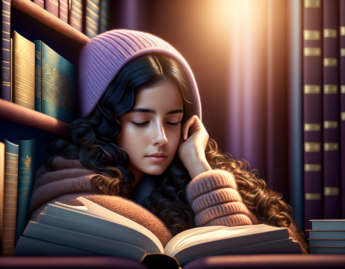 Young woman in purple beanie reading book among shelves in warm light