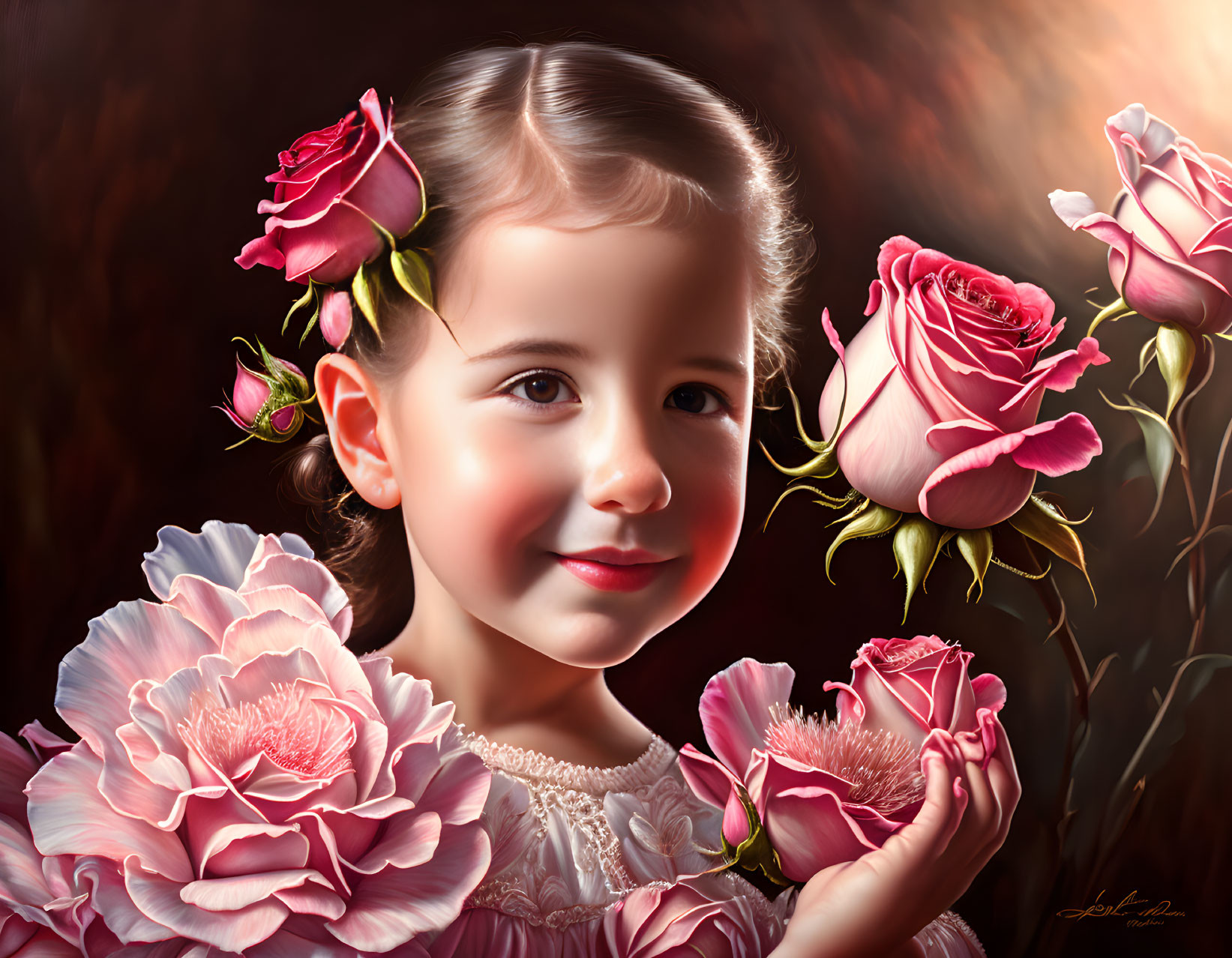 Young girl with floral crown surrounded by pink roses on dark background