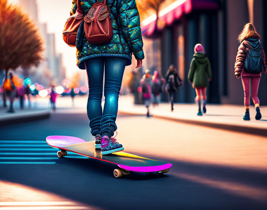 Skateboarder in city street with colorful lighting and pedestrians