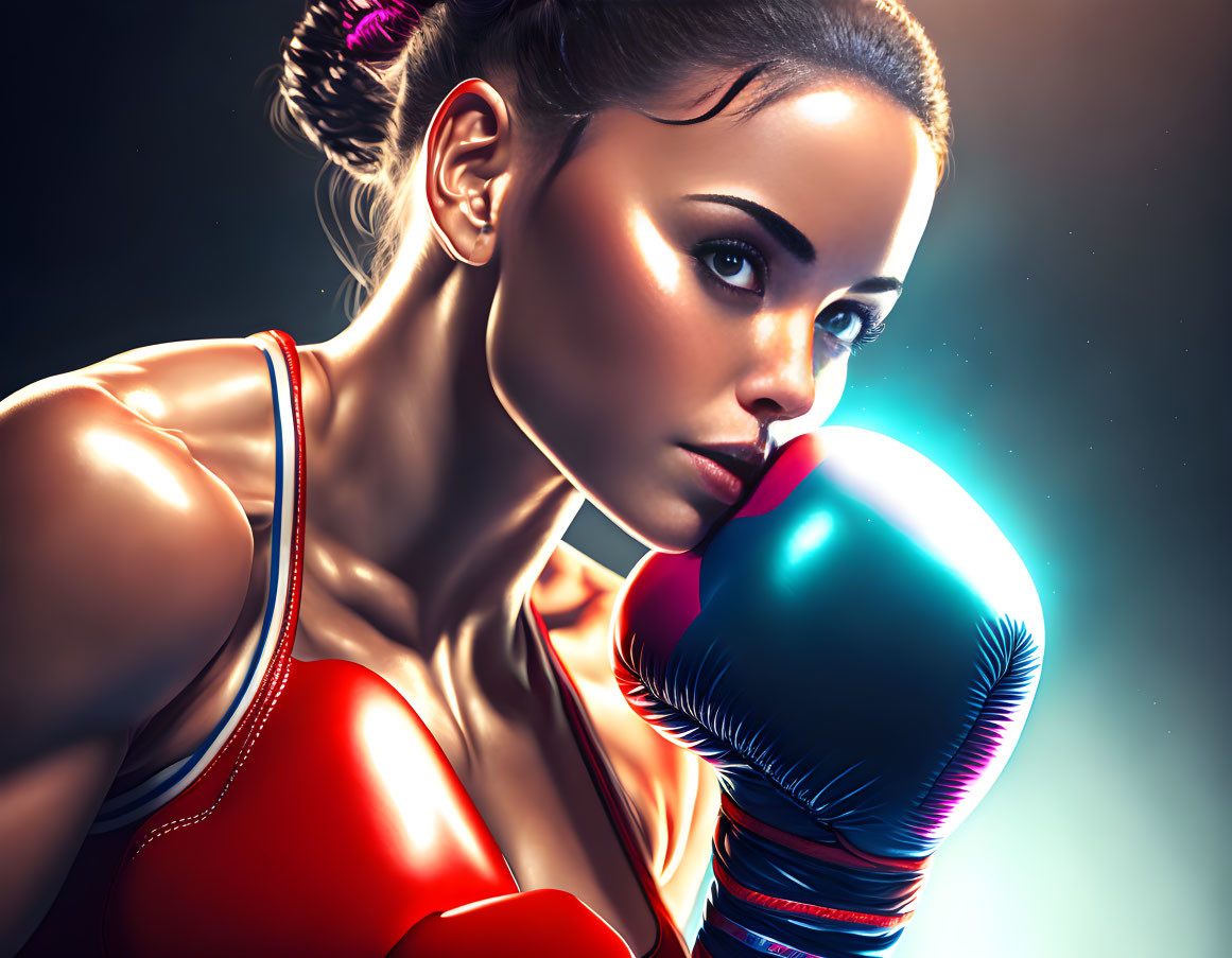 Confident female boxer in red attire and blue gloves exudes determination