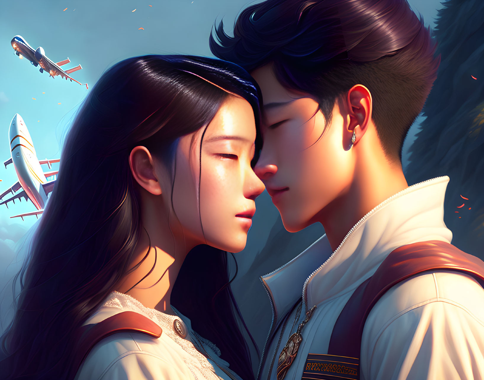 Stylized characters close-up in romantic night sky scene