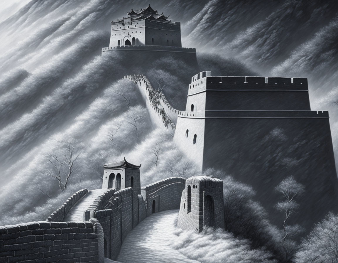 Monochromatic Great Wall of China landscape under dramatic sky