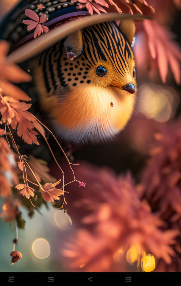 Illustration of creature with tiger's face and fish-like body in autumn setting