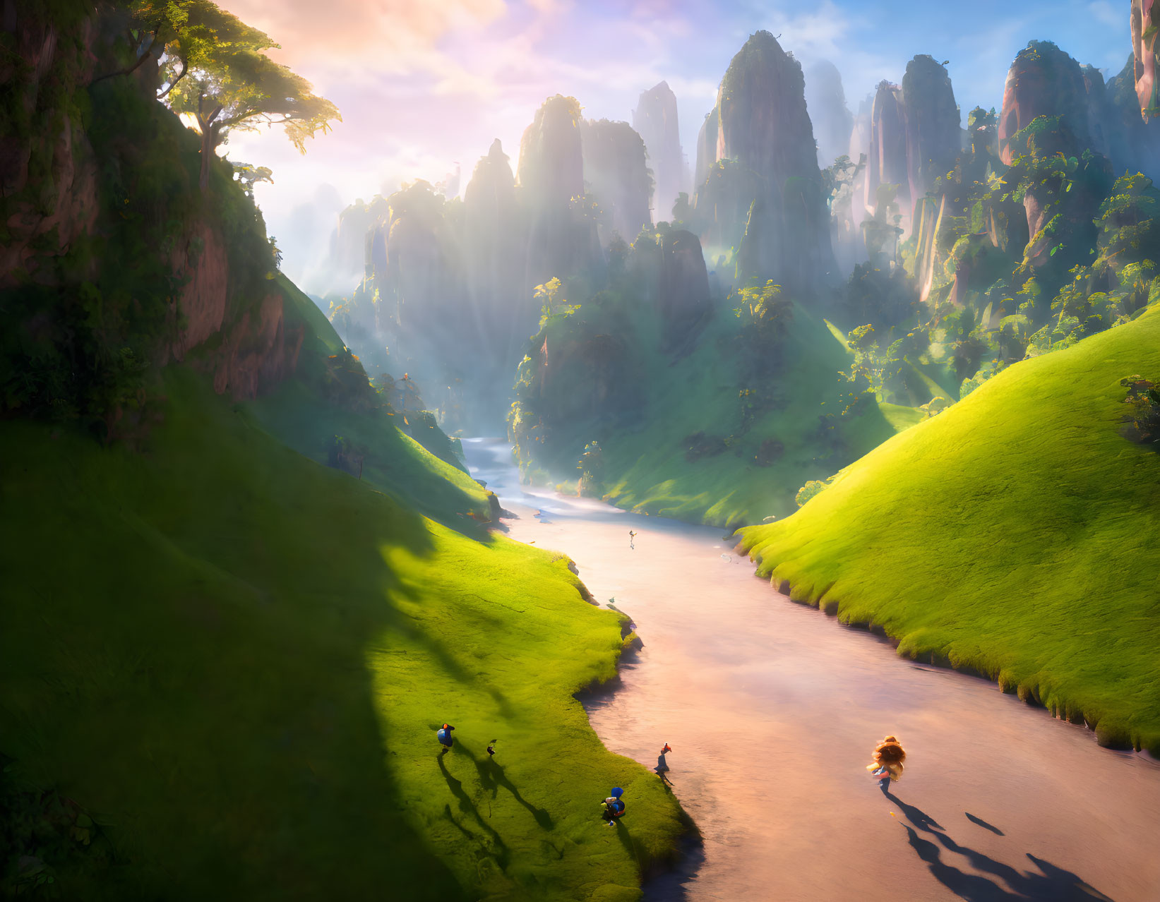 Scenic landscape with cliffs, river, greenery, and trekkers under sunlight