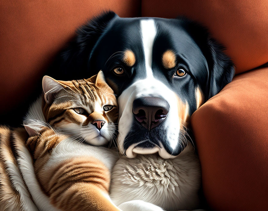 Cat and dog cuddling on orange couch showcase interspecies friendship