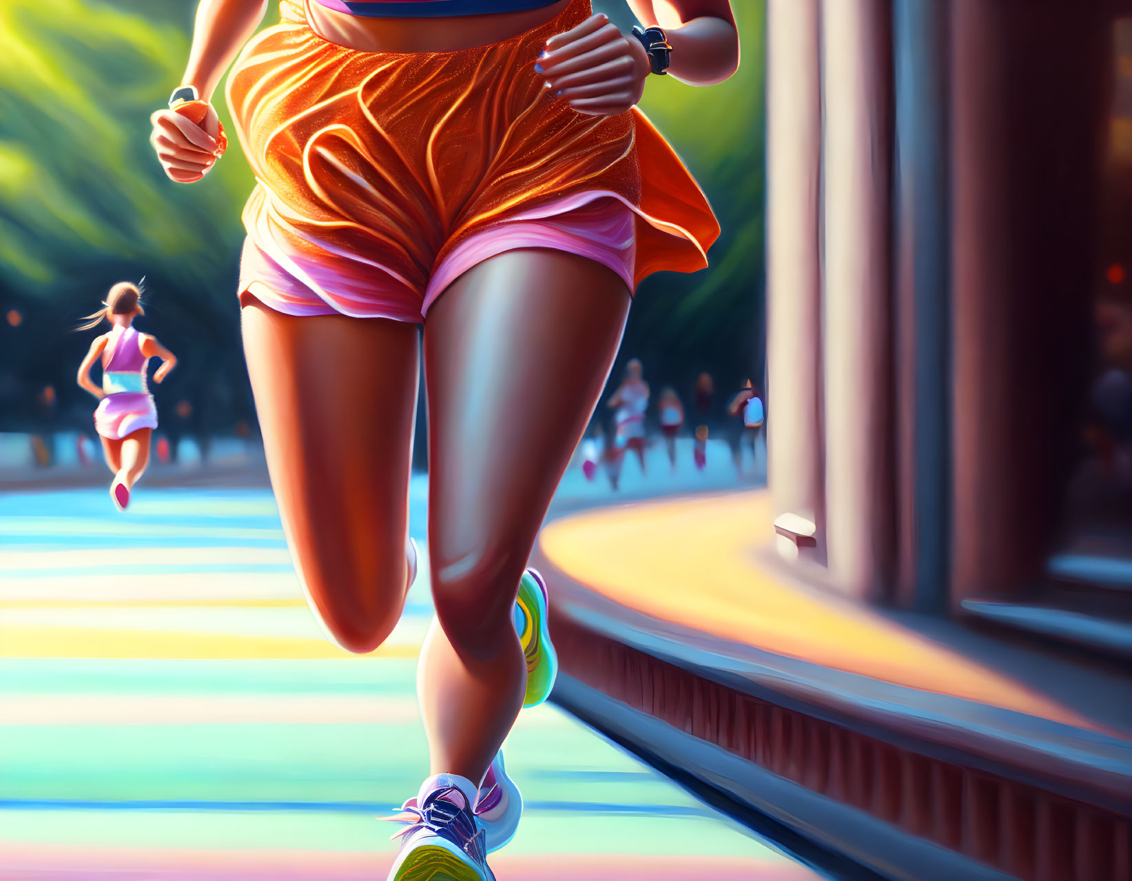 Dynamic Woman Jogging in Vibrant Orange Attire with Runners and Lights