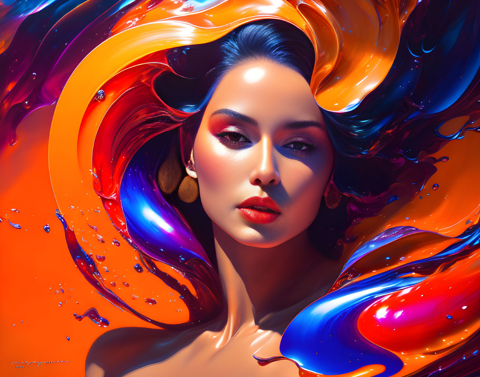 Colorful Abstract Digital Art Portrait of Woman with Flowing Elements