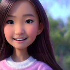 3D animated young girl with long brown hair and purple flower in sparkly pink top against soft-focus