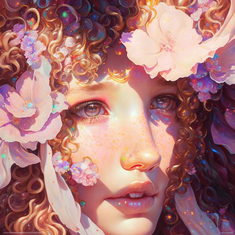 Detailed Digital Artwork: Girl with Curly Hair and Pink Flowers