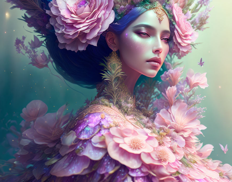 Surreal portrait of woman with blue skin and floral adornments