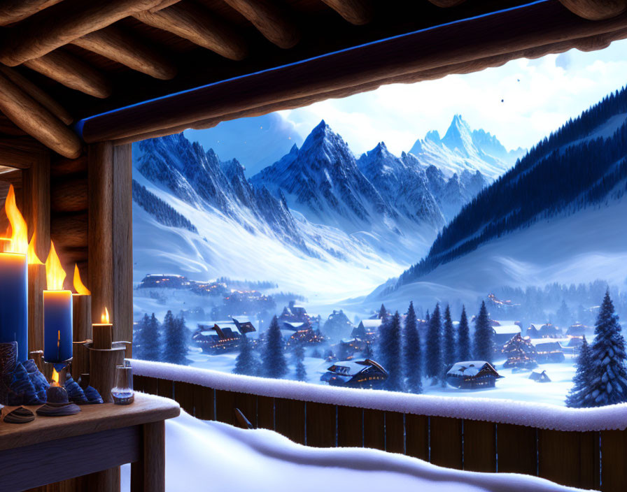 Snowy Winter Scene: Balcony View of Candles, Snowy Houses, and Mountains at