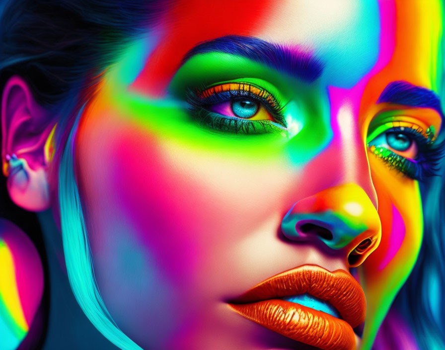 Vibrant multicolored lighting illuminates woman's makeup and expressive eyes