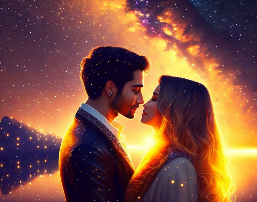 Romantic couple kissing under starry sky in warm colors