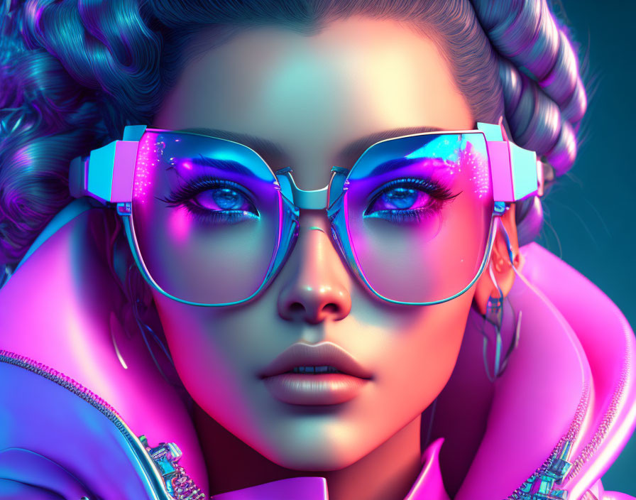 Digital artwork featuring woman with intricate braids, vibrant makeup, reflective glasses, and neon pink jacket on