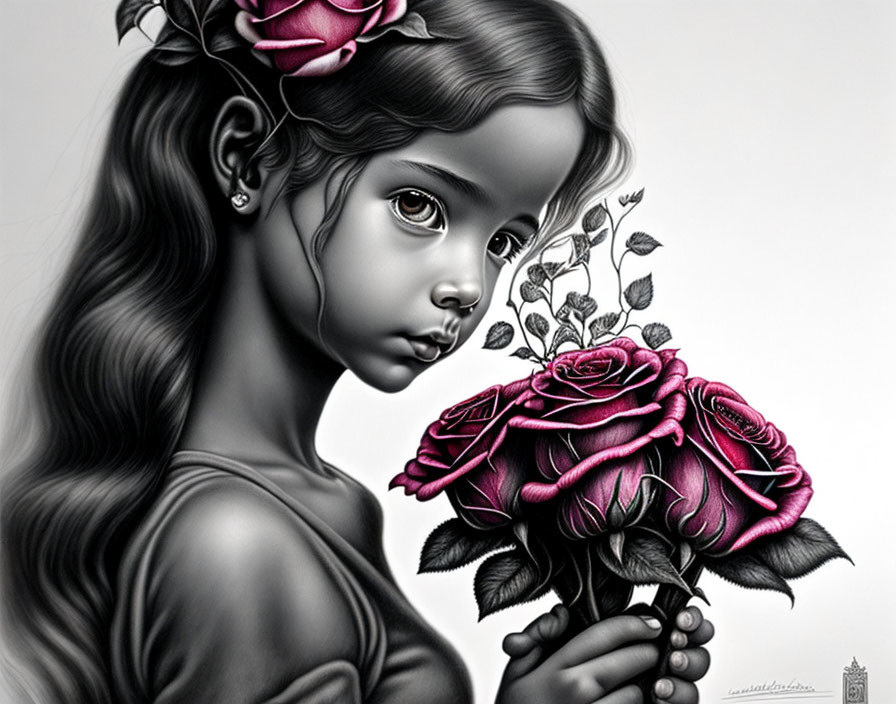 Monochrome illustration of a young girl with roses in hair, large eyes, and realistic shading