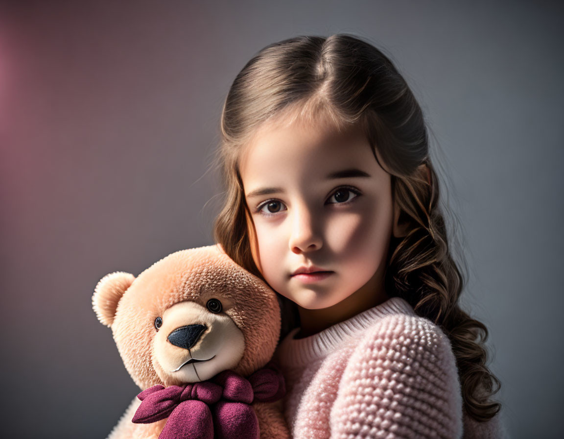 Young girl with wavy hair holding teddy bear in pink sweater.