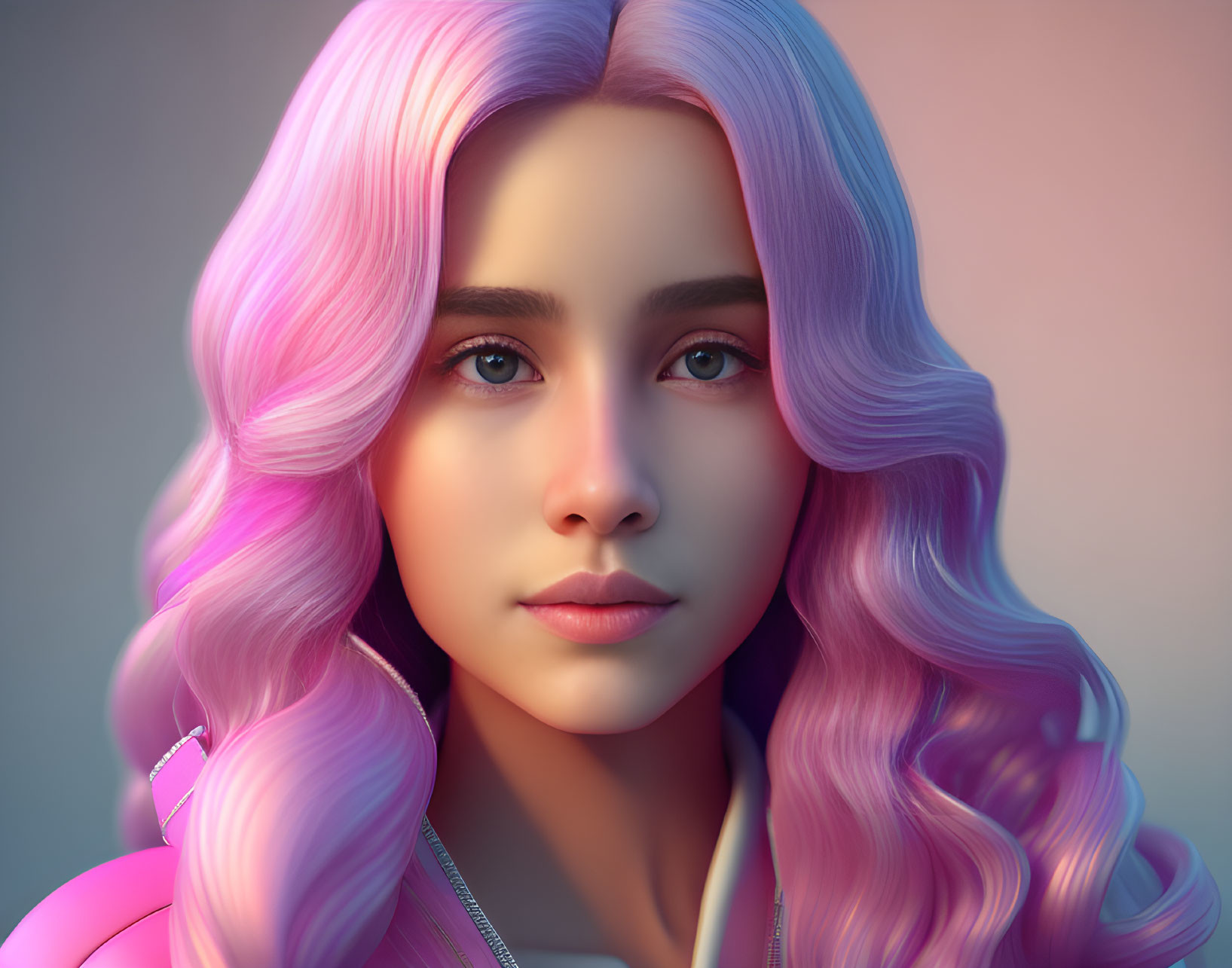 Young female digital portrait with pastel pink wavy hair and expressive eyes wearing white headphones