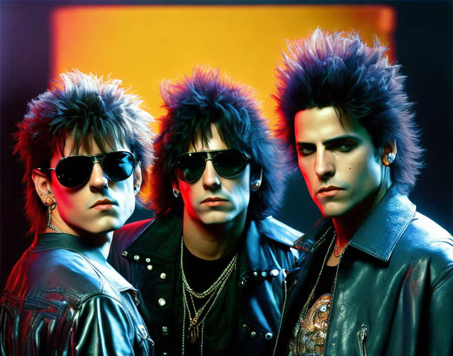 Studio portrait of three individuals with spiked hair and sunglasses in leather jackets under vibrant orange and yellow backlighting