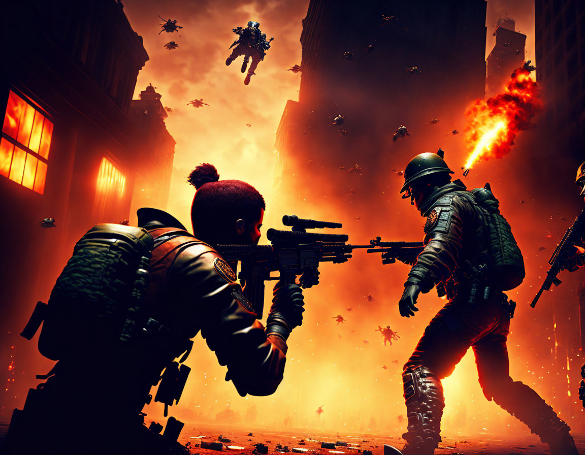 Urban battle scene with soldiers, explosions, and descending figure.