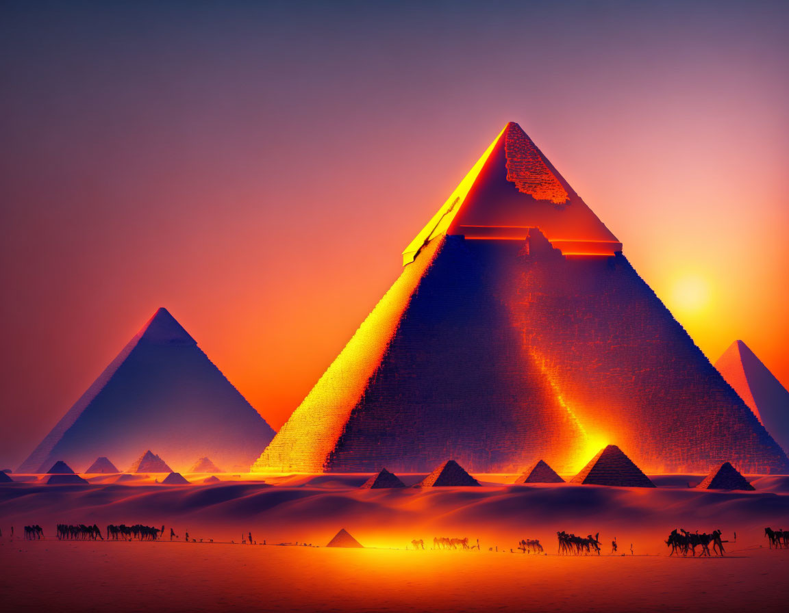 Dramatic sunset over Giza pyramids with camel caravan in desert