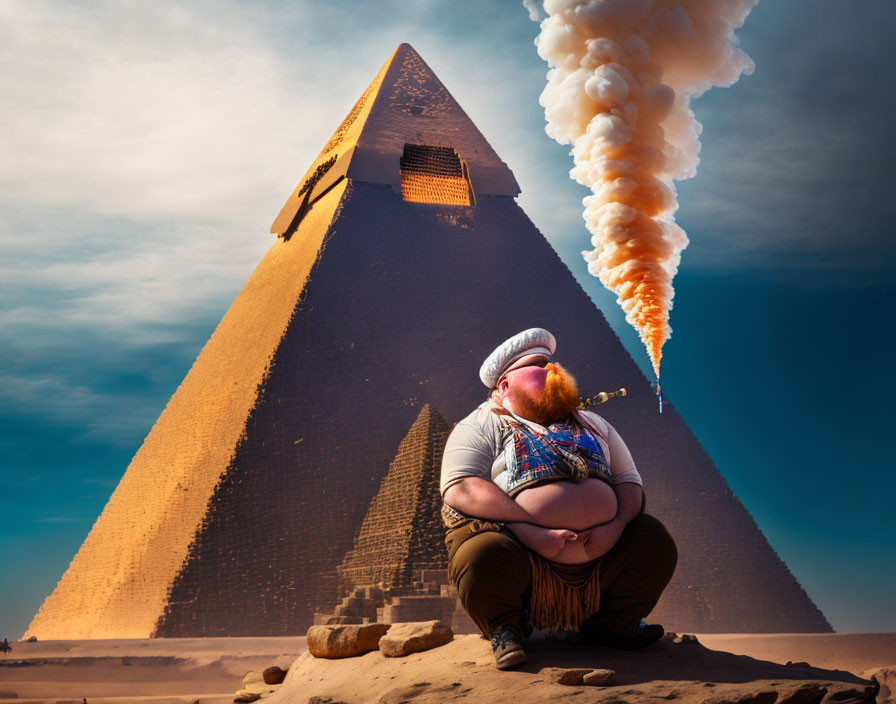 Bearded man squatting in desert with pyramid and rocket launch plume