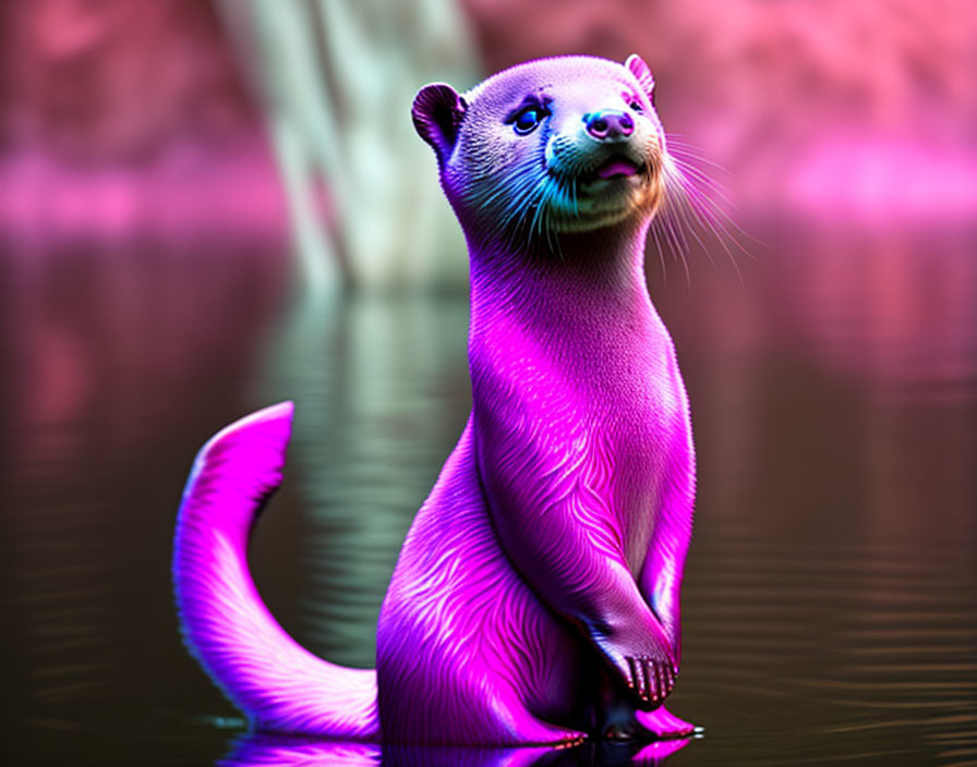 Purple Otter Standing Upright in Water with Pink and Turquoise Background