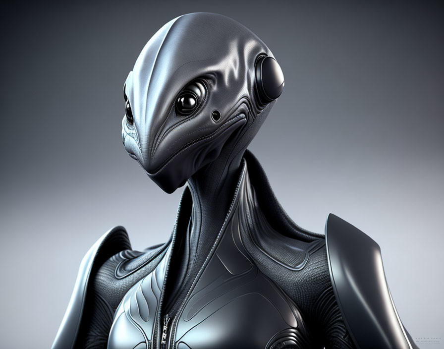 Detailed 3D Rendering of Alien with Large Head and Black Suit