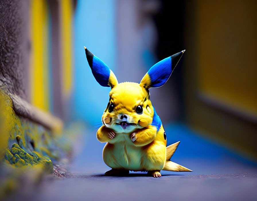 Realistic Pikachu with Blue Ear Tips in Urban Setting