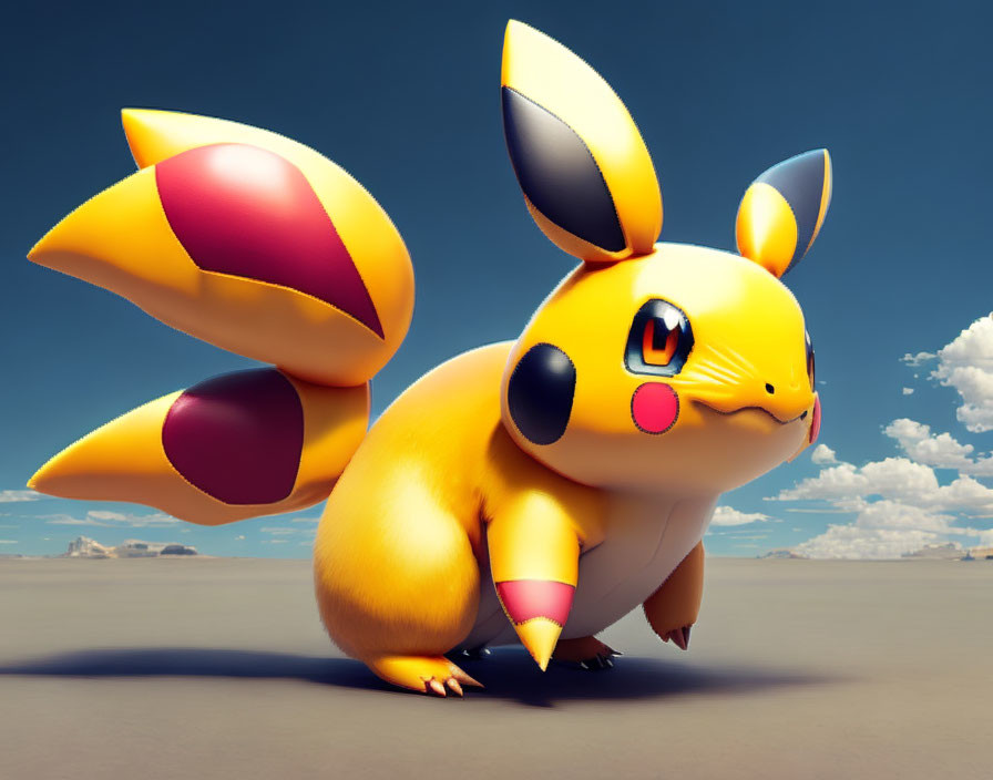 Yellow Pikachu 3D Rendering on Barren Landscape