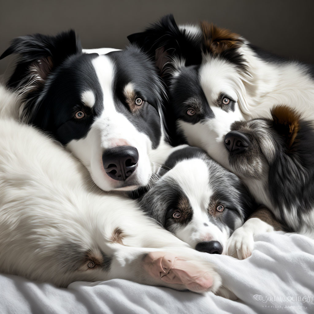 Four Border Collies with black and white coat patterns snuggled closely together