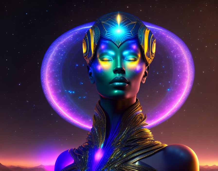 Colorful digital artwork of a cosmic-themed woman with glowing skin and nebula hair.