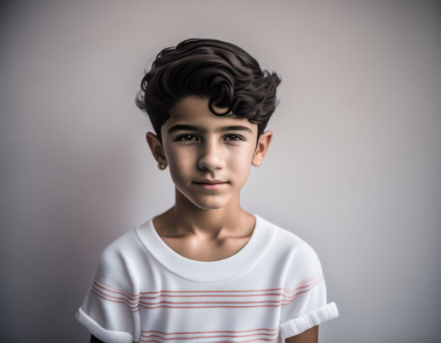 Curly-haired person with ear piercing in striped shirt on neutral background