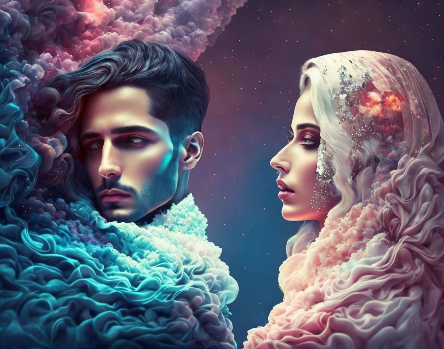 Digital artwork featuring man and woman with cosmic and floral elements on nebula background