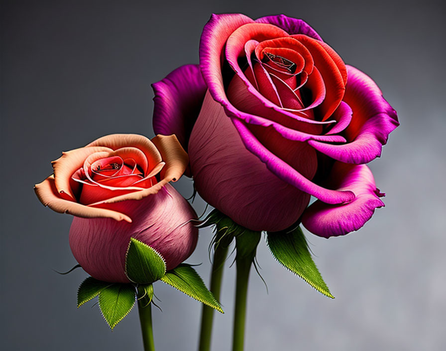 Vibrant orange to purple gradient roses on gray background