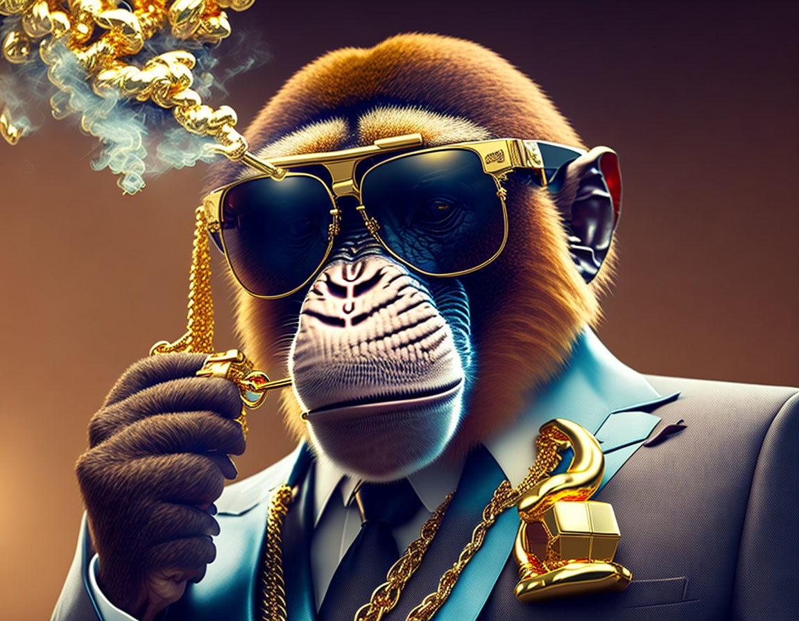 Stylized mandrill monkey in sunglasses, suit, gold chains, smoking cigar