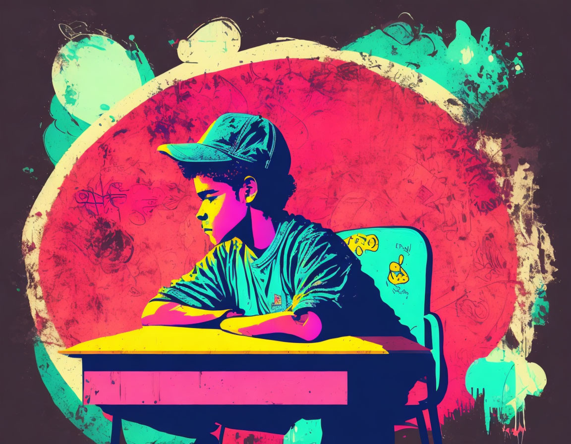 Colorful Graffiti-Style Illustration of Boy in Cap Resting at Desk