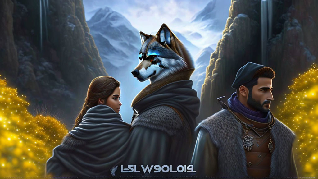 Fantasy artwork: Two medieval characters, mystical wolf, glowing lights