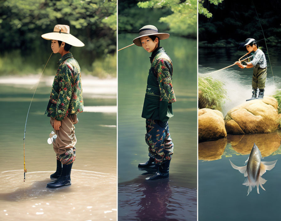 Child in Japanese attire fishing by serene river in 3 poses, fish leaping.